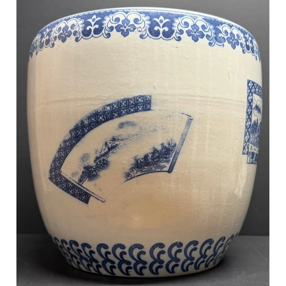 Vintage Japanese Blue and White Ceramic Planter Mount‎ Fuji Landscape Fishbowl